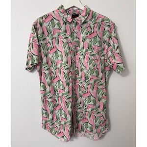 Stranger Things Men's Button Up Shirt Short Sleeve Pink Green Abstract Print